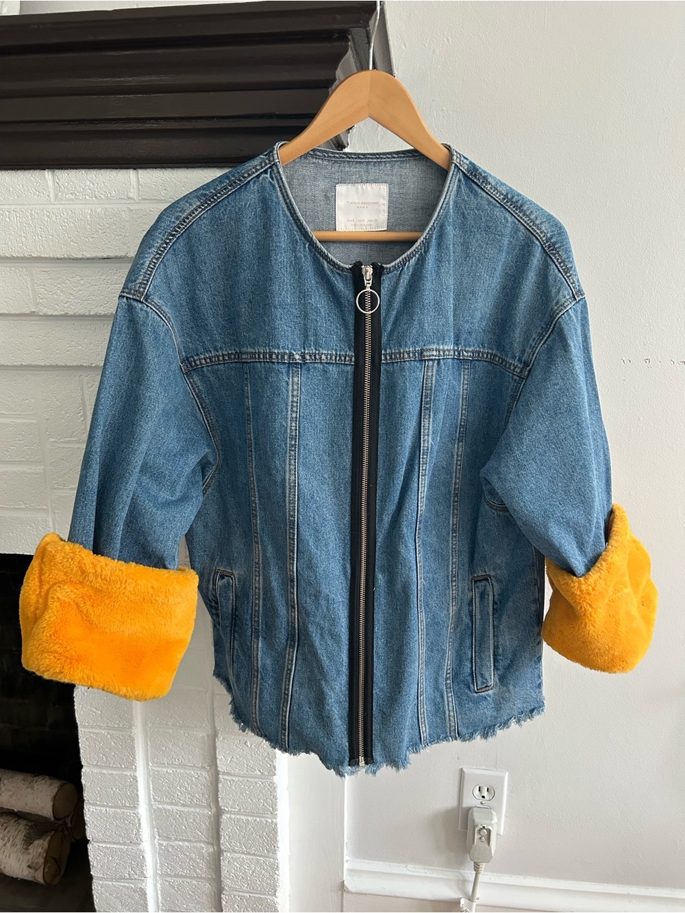 Zara Blue Denim Jacket with removable Yellow Faux-Fur Cuffs